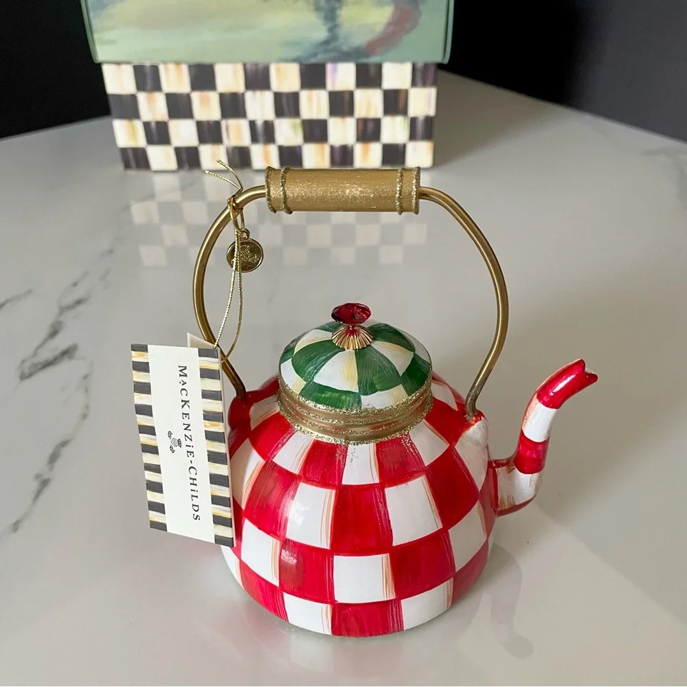 Red Check It Out Tea Kettle Ornament by Mackenzie Childs